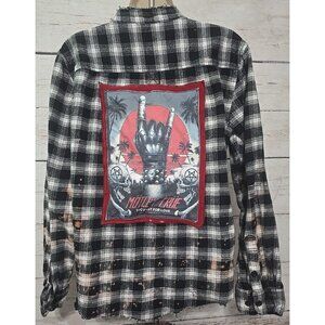 OOAK Upcycled Flannel Shirt Jacket Motley Crue Skeleton Rock Band Boyfriend Med
